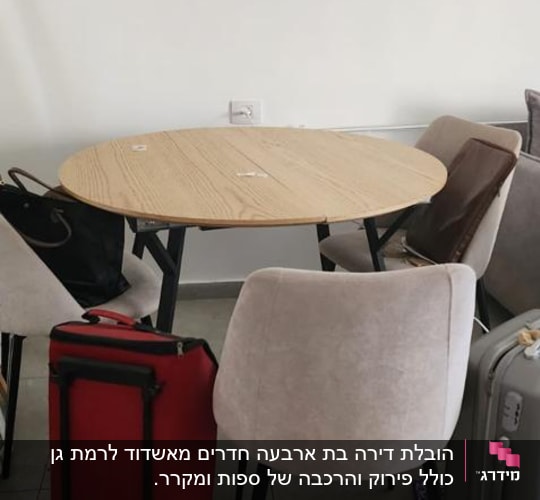 שולחן עגול עם מזוודות לידו על הרצפה